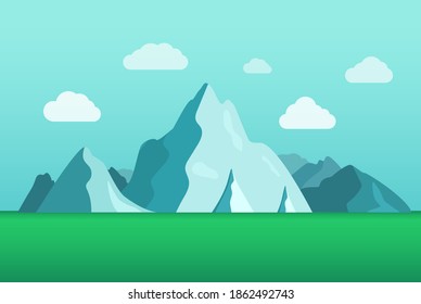 Flat beautiful mountain landscape. Summer season vacation concept. Mountains peak to the horizon. Vector illustration. 