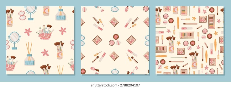 Flat beauty cosmetic seamless pattern set. Colorful makeup product set as lipstick, eyeshadow and brush with skin care cream bottle. Cute cartoon background for woman beauty, fashion spa and bodycare