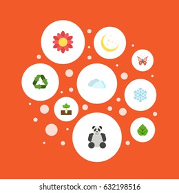 Flat Beauty Insect, Blossom, China Bear And Other Vector Elements. Set Of Green Flat Symbols Also Includes Clouds, Winter, Plant Objects.