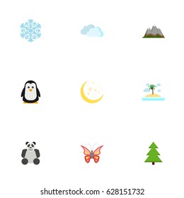 Flat Beauty Insect, Winter Snow, Landscape Vector Elements. Set Of Green Flat Symbols Also Includes Starts, Tree, Sky Objects.