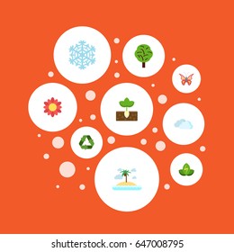 Flat Beauty Insect, Winter Snow, Eco Energy And Other Vector Elements. Set Of Environment Flat Symbols Also Includes Butterfly, Reuse, Island Objects.