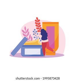 Flat beauty salon icon with woman character tube and jar of cream or cosmetic mask vector illustration