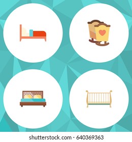 Flat Bed Set Of Bearings, Hostel, Crib And Other Vector Objects. Also Includes Cot, Mattress, Crib Elements.