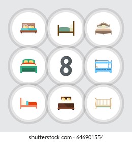 Flat Bed Set Of Bedroom, Hostel, Cot And Other Vector Objects. Also Includes Cot, Bed, Crib Elements.