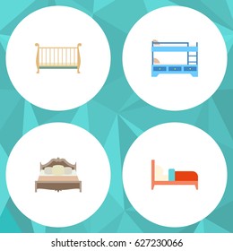 Flat Bed Set Of Bunk Bed, Bedroom, Bearings And Other Vector Objects. Also Includes Crib, Bedroom, Bed Elements.