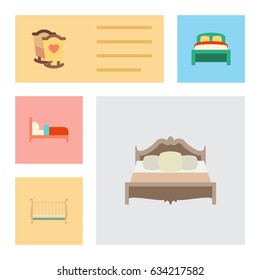 Flat Bed Set Of Cot, Furniture, Bedroom And Other Vector Objects. Also Includes Child, Furniture, Cot Elements.