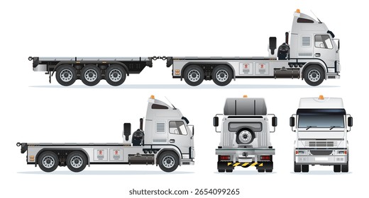 Flat bed truck double trailer cargo without container box 3D model view from various angles vector set illustration