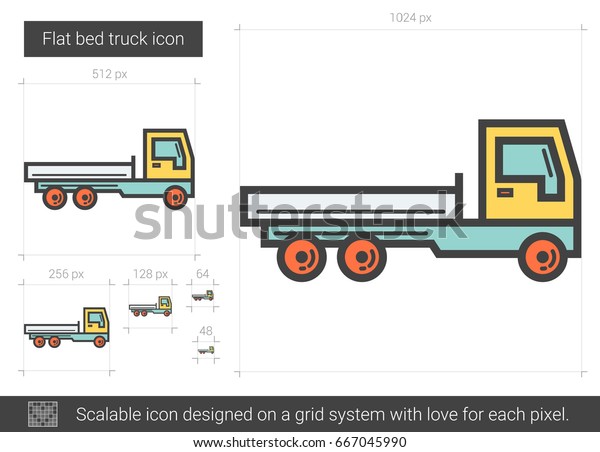 Flat bed truck vector line\
icon isolated on white background. Flat bed truck line icon for\
infographic, website or app. Scalable icon designed on a grid\
system.