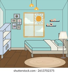 Flat Bedroom Design with furniture Bed, Window, Wardrobe and Carpet. There are some bedside lamps, bookshelves and so on in the Dormitory