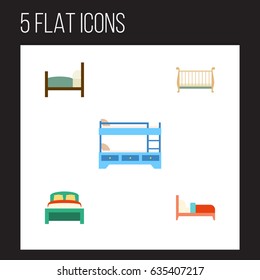 Flat Bedroom Set Of Bearings, Bed, Cot And Other Vector Objects. Also Includes Crib, Mattress, Bearings Elements.