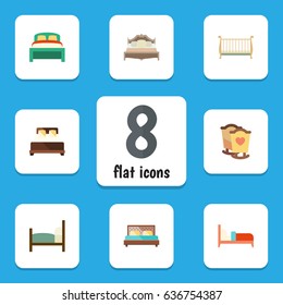 Flat Bedroom Set Of Bearings, Crib, Hostel And Other Vector Objects. Also Includes Double, Cot, Bed Elements.