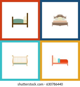 Flat Bedroom Set Of Bed, Bedroom, Bearings And Other Vector Objects. Also Includes Cot, Bearings, Bedroom Elements.