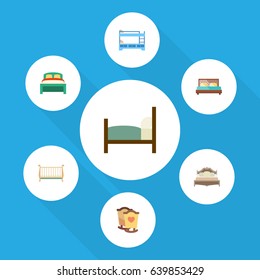Flat Bedroom Set Of Bed, Hostel, Cot And Other Vector Objects. Also Includes Crib, Mattress, Bunk Elements.