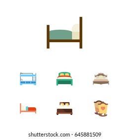 Flat Bedroom Set Of Bedroom, Bed, Mattress And Other Vector Objects. Also Includes Double, Mattress, Bed Elements.