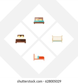 Flat Bedroom Set Of Cot, Bearings, Hostel And Other Vector Objects. Also Includes Mattress, Hostel, Bedroom Elements.