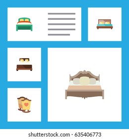 Flat Bedroom Set Of Bedroom, Crib, Hostel And Other Vector Objects. Also Includes Bed, Double, Mattress Elements.