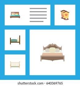 Flat Bedroom Set Of Bedroom, Hostel, Cot And Other Vector Objects. Also Includes Hostel, Mattress, Cot Elements.