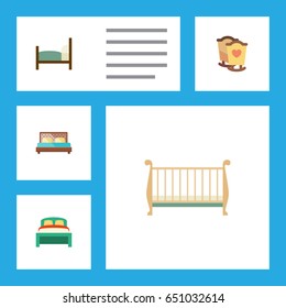 Flat Bedroom Set Of Hostel, Crib, Cot And Other Vector Objects. Also Includes Bed, Mattress, Hostel Elements.