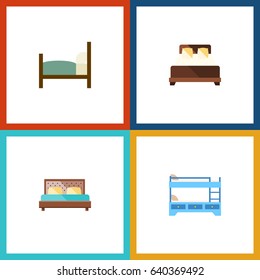 Flat Bedroom Set Of Mattress, Hostel, Bed And Other Vector Objects. Also Includes Bed, Mattress, Bedroom Elements.