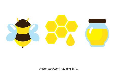 Abeja plana, panecillos y un frasco de miel - un conjunto de íconos para el sitio, tarjetas de visita, telas.
