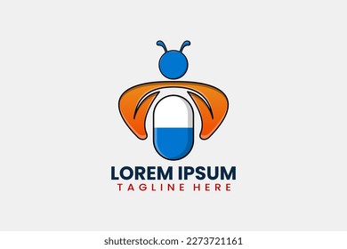 Flat bee pill medicine logo template vector