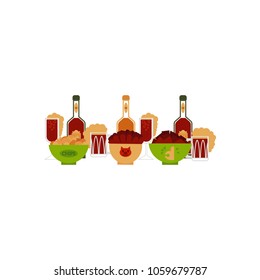 Flat beer bottle, glass and mug of beer and plates, ceramic pot with pork beef slices, potato chips snacks. Alcohol drink with junk crunchy food. Vector isolated illustration