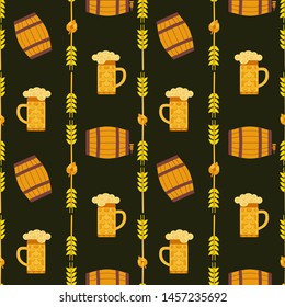Flat beer fest party vector seamless pattern. Alcoholic drink decorative pattern. Bar pub brew drinks menu, restaurant card background. Beer festival mug cask beverage collection template illustration