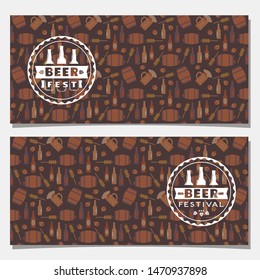 Flat beer fest party vector horizontal banner set template. Alcoholic drink decorative hand drawn pattern background. Bar pub brew drink, restaurant flyer card. Beer festival advertising illustration