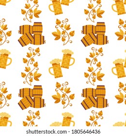 Flat beer fest party vector seamless pattern. Alcoholic drink decorative pattern. Bar pub brew drinks menu, restaurant card background. Beer festival mug cask beverage collection template illustration