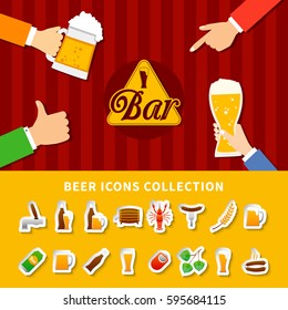 Flat beer icons collection set on yellow and red striped background with hands holding cups isolated vector illustration