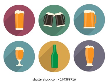 Flat beer icons with long shadow. Vector set