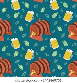 Flat beer items seamless pattern. Hand drawn beer barrel, beer mug and hop plant. St Patricks day traditional concept. Unique print design for textile, wallpaper, wrapping