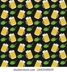 Flacher Bierbecher nahtloses Muster. Dunkles Thema. Handgezeichnetes Bierglas und Hopfen auf schwarzem Hintergrund. Traditionelles Konzept des St. Patricks Day. Einzigartiges Druckdesign für Textil, Tapete, Verpackung