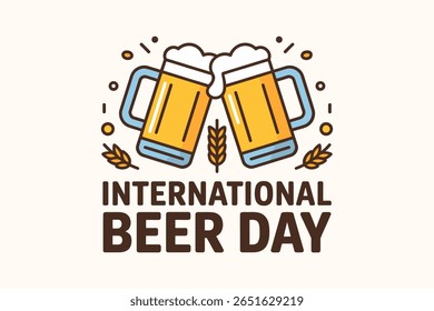 Flat beer toast icon design for international beer day with bold text and yellow foam elements