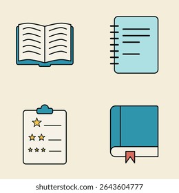 Flat Beige Background Icon Set with Open Book, Spiral Notebook, Star Rating Clipboard, and Closed Book with Bookmark in Blue and Yellow Tones