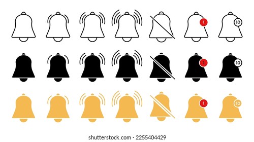 Flat bells notifications icons. Bell icon, subscribe or notification symbol. Reminder, morning alarm or social media message alert, decent vector set