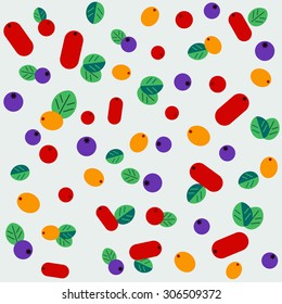 Flat berries seamless pattern: cowberry, barberry, sea buckthorn, blackberry