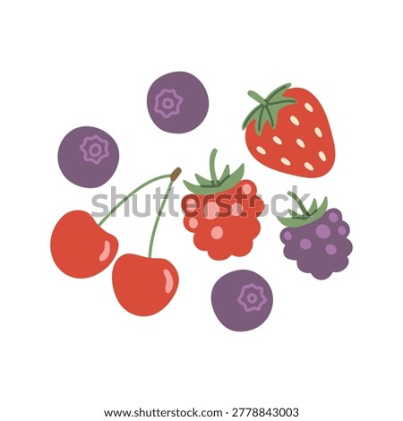 Flat berry illustration set with strawberry, raspberry, blueberry, blackberry and cherry in modern naive style. Minimal colorful fruit collection for summer design, packaging and textile.