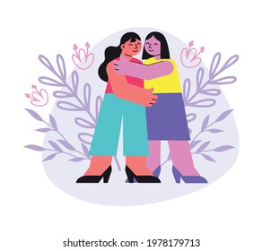 Flat best friends composition with two smiling hugging women vector illustration