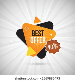 Flat Best Offer 40% Off Food Label Design. Vector Best offers and 40% off design-labels set design. Vector illustration for social media. Orange and Brown color combination sticker.