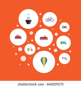 Flat Bicycle, Car, Boat And Other Vector Elements. Set Of Machine Flat Symbols Also Includes Cabriolet, Vehicle, Motorcycle Objects.