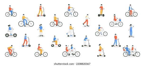 Flat bicycle riders, outline people riding bike. Characters ride bicycle in park or city street, eco friendly transportation cartoon vector illustration set. Bike riders collection