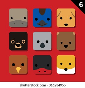 Flat Big Animal Faces Application Icon Cartoon Vector Set 6 (Australia)