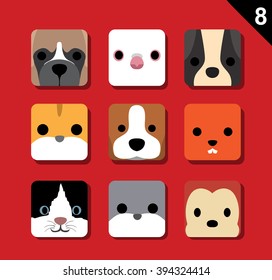 Flat Big Animal Faces Application Icon Cartoon Vector Set 8 (Pet)