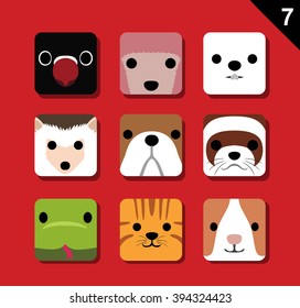 Flat Big Animal Faces Application Icon Cartoon Vector Set 7 (Pet)