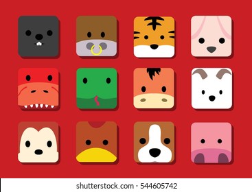 Flat Big Animal Faces Application Cartoon (Chinese Zodiac)