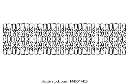 Flat big bus rim stamp set on muddy dust white snow backdrop. Outline black ink pen hand drawn tread logo emblem sign design in retro art doodle contour style. Close up detail view with space for text