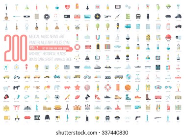 Flat Big Collection Set Icons Of Medical, Army, War, Shoe, Nature, News, Draw, Police, Rafting, Room, Science, Boat, Sport, Gym, Car, Animal, Summer, Tool, Country. For Infographic Illustration Design