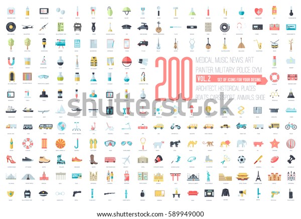 Flat big collection set icons of medical, army,\
war, shoe, nature, news, draw, police, rafting, room, science,\
boat, sport, gym, car, animal, summer, tool, country. For\
infographic illustration\
design