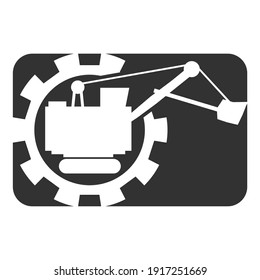 Flat big excavator in gear. Emblem for construction or mining equipment company